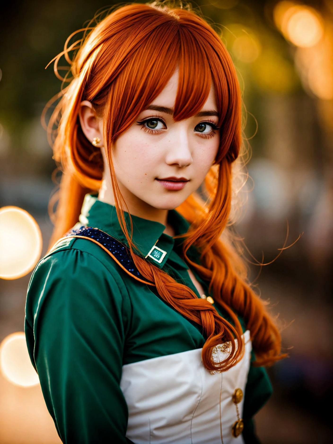 photograph, side lit, Canon R5, Flustered, 35mm, spotlit, Iphone X, Depth of field 270mm, young_woman,cosplay, Green and dark orange hair styled as French twist, Depth of field 100mm, Moonlight, compact camera