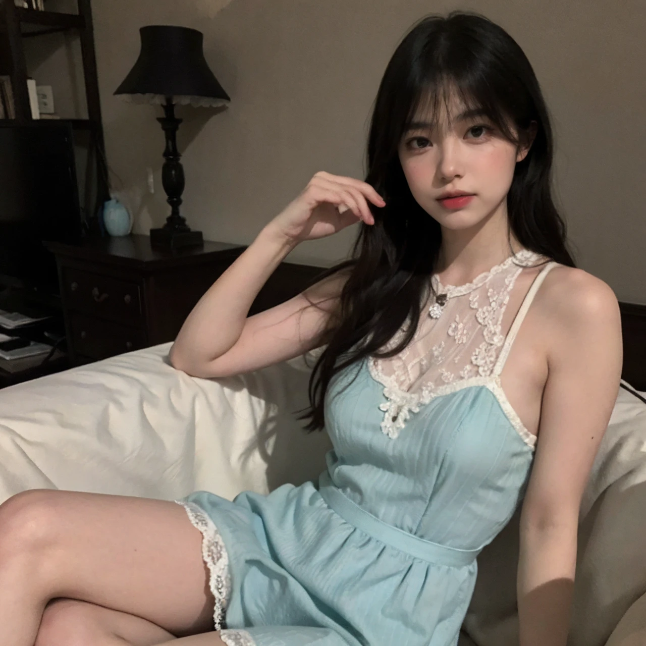 1girl,solo,best quality,8K,realistic,realistic texture,HDR,masterpiece,Highly detailed,Professional,Photography,ultra high res,(photorealistic:1.4),looking at viewer,sitting,<lora:cute tiktok girl mix_V3:1>,crossed legs,dress,lace trim,