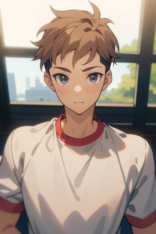 masterpiece, best quality, high quality, 1boy, solo, male focus, looking at viewer, upper body, <lora:mark_bean:0.70>, mark_bean, light brown hair, undercut, grey eyes, , gym uniform