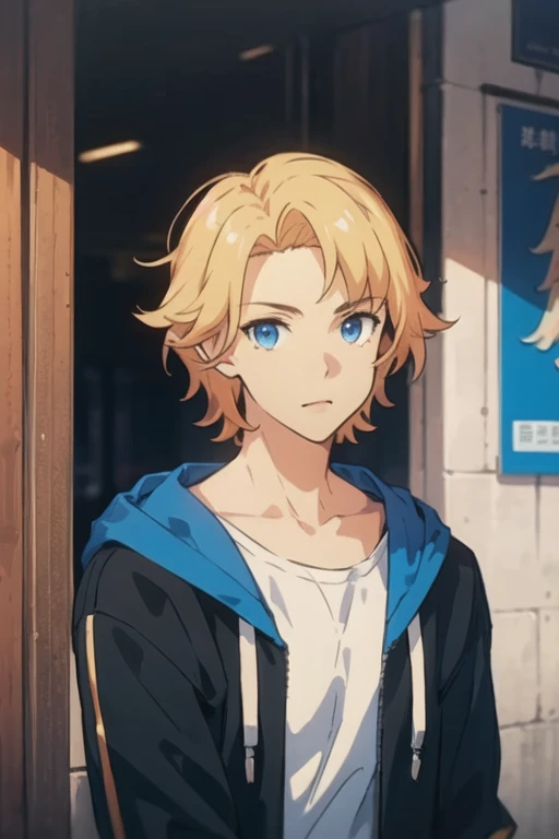 masterpiece, best quality, high quality, 1boy, solo, male focus, looking at viewer, upper body, <lora:august_von_earlshide:0.68>, august_von_earlshide, blonde hair, blue eyes, realistic, hoodie