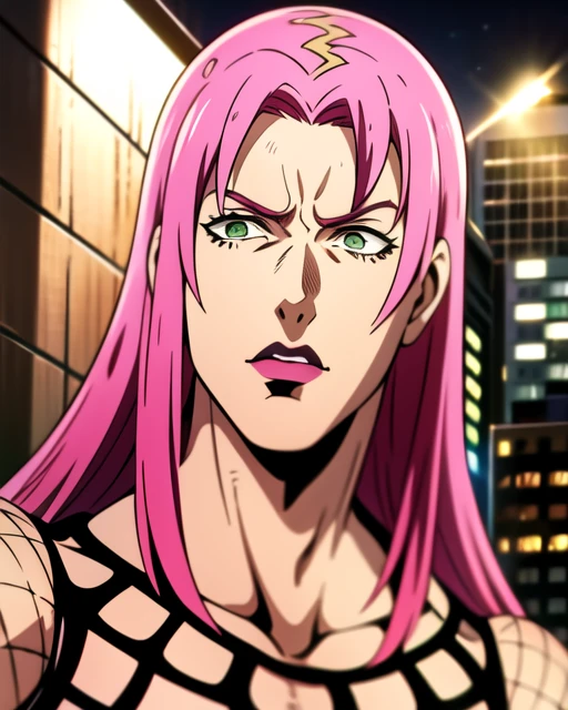 (8k, best quality, masterpiece:1.2), (finely detailed), diavolojojo, solo, araki hirohiko (style), 1boy, green eyes, pink hair, hair spots, solo, fishnet top, tattoo, masterpiece, best quality, ultra-detailed detailed, detailed digital artwork, hi res, detailed background, photo background, street,city,night,(Upper_body),(Focus on his face), official art,extremely detailed CG unity 8k wallpaper, perfect lighting,Colorful, Bright_Front_face_Lighting,shiny skin, (masterpiece:1.0),(best_quality:1.0), <lora:diavolo-7:1>