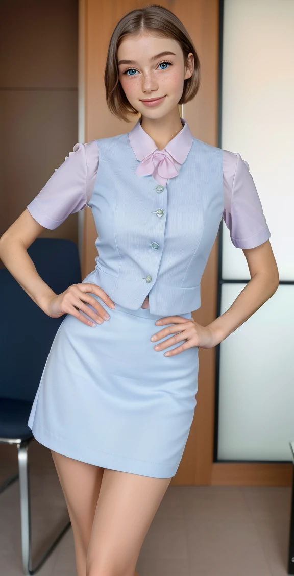 (8k, RAW photo, best quality, masterpiece:1.2), (realistic, photo-realistic:1.37), ultra-detailed,(detailed beautiful girl:1.4),1 girl,full body,slender,<lora:office uniform:0.6>office uniform,office vest,office,micro mini skirt,((pastel blue uniform)),short hair,<lora:Daisy Ridley:1>skswoman,smile,looking at viewer