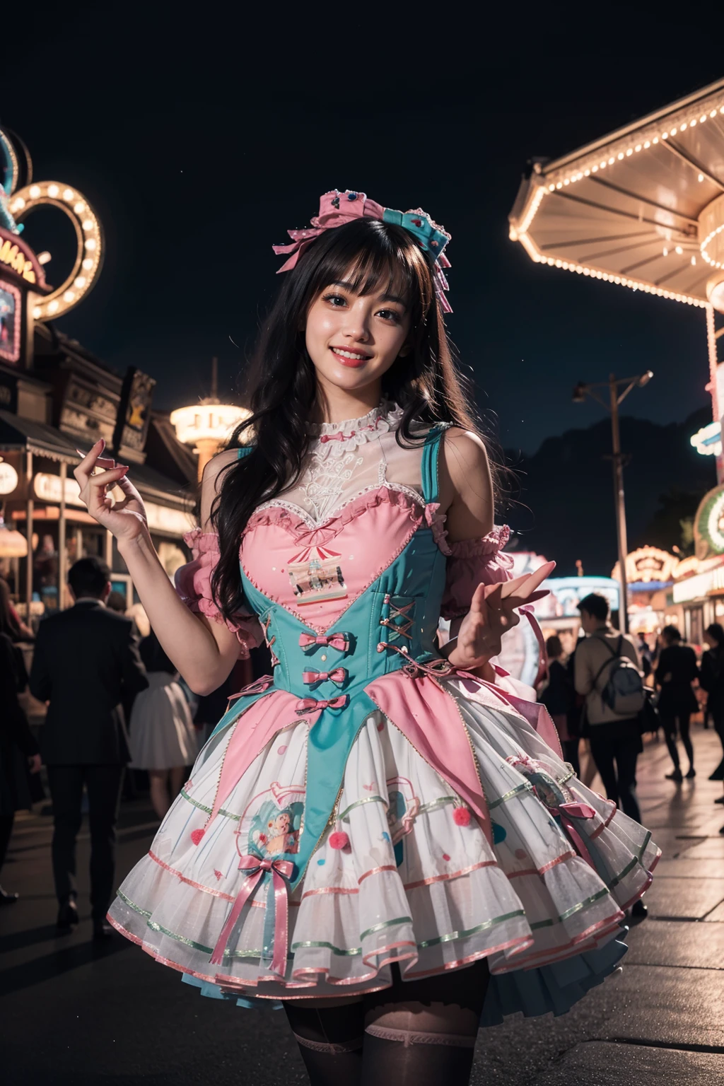 realistic, photorealistic, masterpiece, incredibly absurdres, extremely detailed, best quality, 1girl, long black hair, blunt bangs, light smile, slim, waist up, standing, looking at viewer, sweet_dress, white thighhighs, amusement park, night, night sky, dramatic lighting, <lora:sweet_dress_style2_v1:0.7>