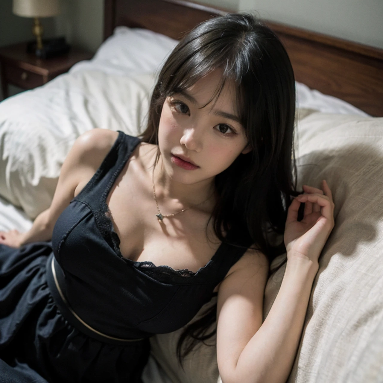 <lora:cute tiktok girl mix_V3:0.8>,(high angle shot:1.2),(lying:1.4),1girl,solo,best quality,8K,realistic,realistic texture,HDR,masterpiece,Highly detailed,Professional,Photography,ultra high res,(photorealistic:1.4),looking at viewer,simple background,on bed,arms behind back,dress,