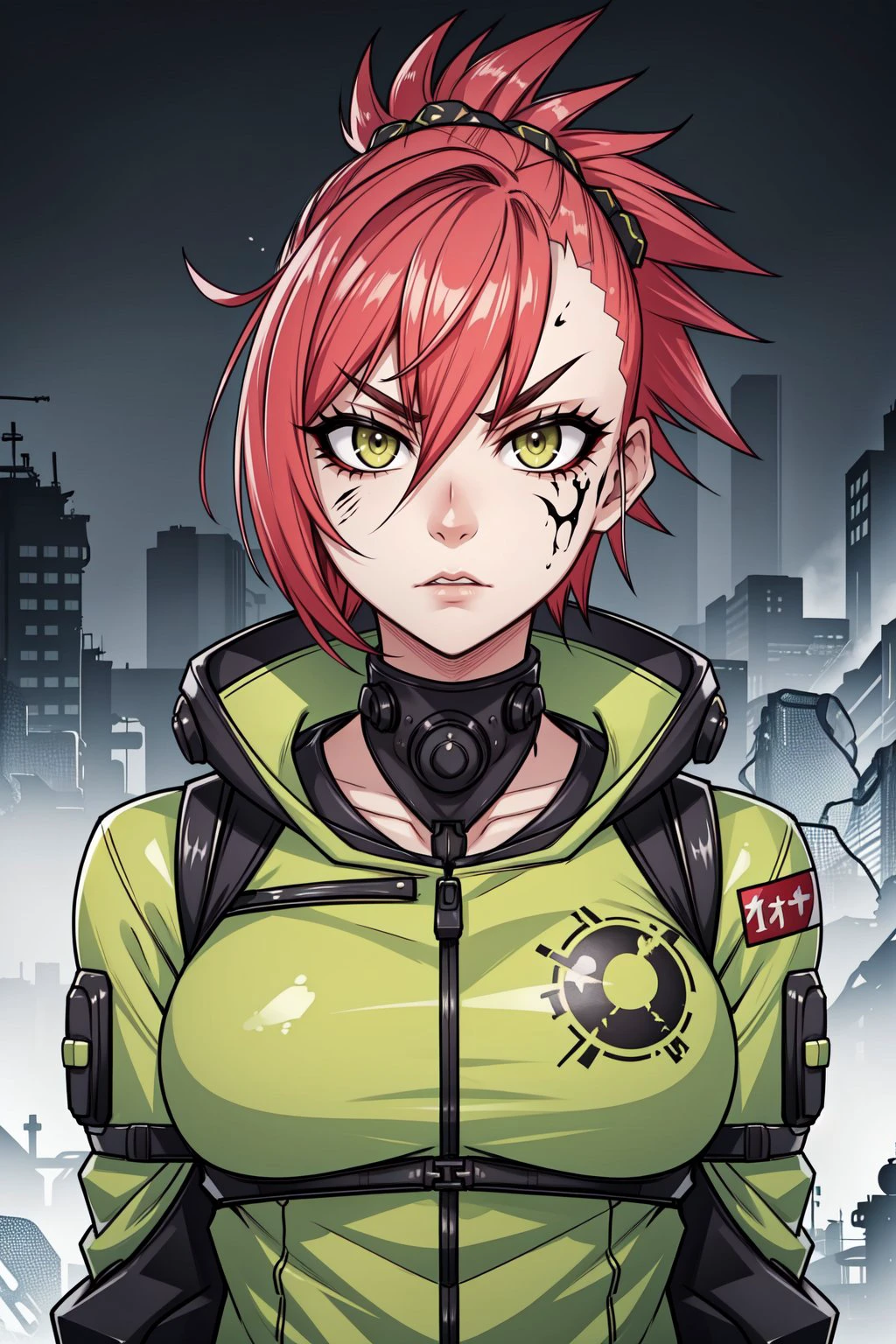 portrait, solo, upper body, looking at viewer, detailed background, detailed face, girl, Biohazardous mercenary, toxic warrior, full body, radioactive eyes, mohawk hairstyle, toxic hair color, punk-styled eyebrows, biohazard suit, intense expression, post-apocalyptic backdrop, <lora:BioPunkAI0.2>