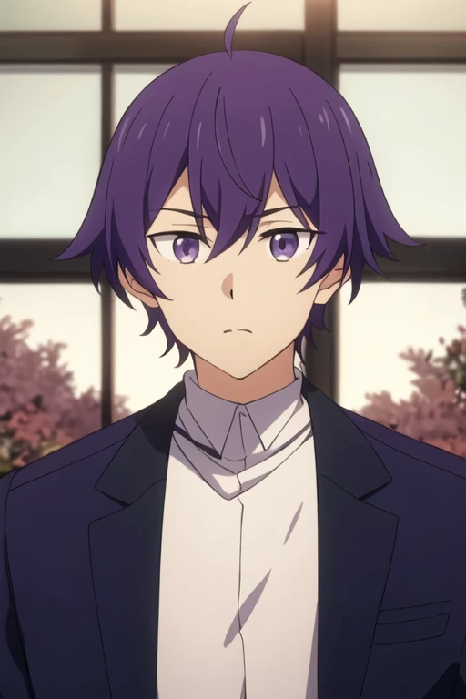 masterpiece, best quality, high quality, 1boy, solo, male focus, looking at viewer, upper body, <lora:shin_wolford:0.68>, shin_wolford, purple eyes, purple hair, , jacket
