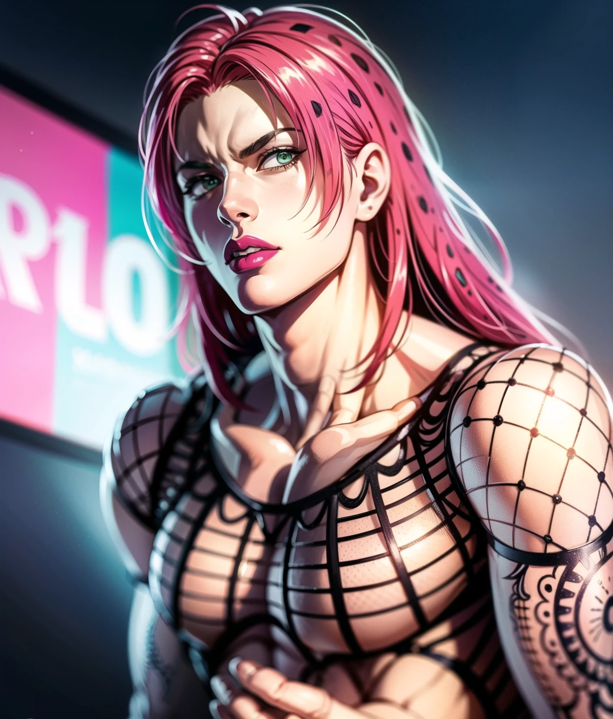 realistic, hyper realism, (8k, best quality, masterpiece:1.2), (finely detailed), diavolojojo,pectorals, full body, solo, araki hirohiko (style), 1boy, green eyes, black lips, pink hair, hair spots, solo, fishnet top, tattoo, masterpiece, best quality, ultra-detailed detailed, detailed digital artwork, hi res, detailed background, photo background, official art,extremely detailed CG unity 8k wallpaper, perfect lighting,Colorful, Bright_Front_face_Lighting,shiny skin, (masterpiece:1.0),(best_quality:1.0), <lora:diavolo-7:1>