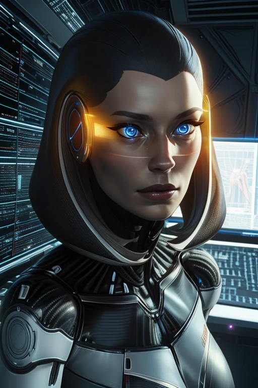 Edi, standing, yellow visor,  solo, upper body, 
space station, computers, 
(insanely detailed, beautiful detailed face, masterpiece, beautiful detailed eyes, best quality)     <lora:Edi:0.8>