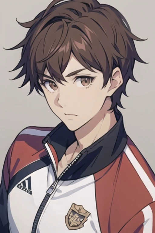 masterpiece, best quality, high quality, 1boy, solo, male focus, looking at viewer, upper body, <lora:tony_freed:0.64>, tony_freed, brown hair, brown eyes, , track suit