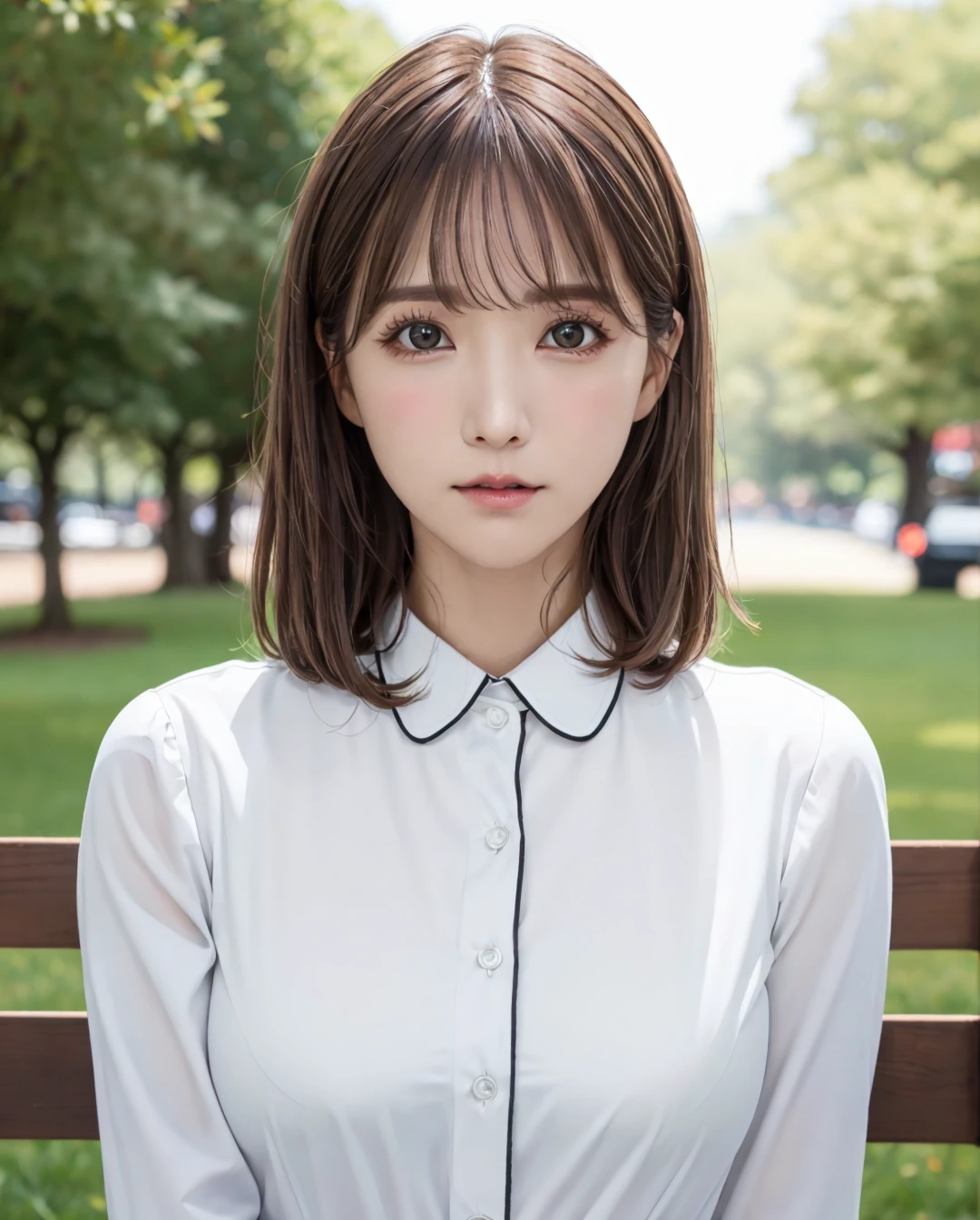 pureerosface_v1, best quality, photorealistic, 8k, high res, full color, 1girl, woman, 20 years old woman, (closed mouth:1.73), (skindentation), (portrait:0.6), trees, park bench, daylight, ((park background:1.52)), full color, ((whitebuttonedshirt:1.58)), looking at viewer:1.8, (1girl eyes looking at viewer:1.55), (medium hair, brownhair, partedbangs:1.45), (bokeh), <lora:AAV-yua1:0.69>