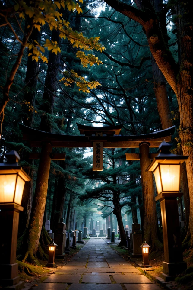 japangraveyard cemetery old, moss, tombstone, torii, night, stone moss path, creepy, dawn, details, hyperrealistic, dim light, blue ray, lantern stone, traditional japanese, tree, forest, bokeh, blurry background,  <lora:ARWJapanGraveyard:1>