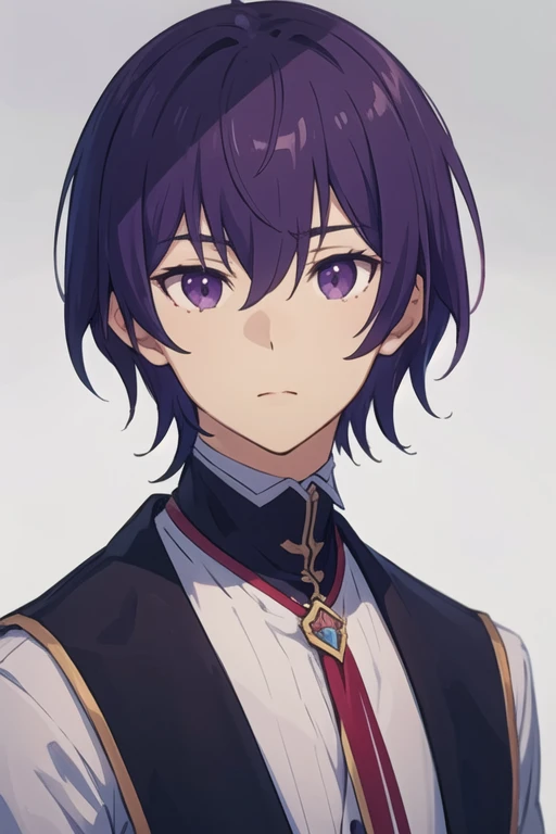 masterpiece, best quality, high quality, 1boy, solo, male focus, looking at viewer, upper body, <lora:shin_wolford:0.60>, shin_wolford, purple eyes, purple hair, ,
