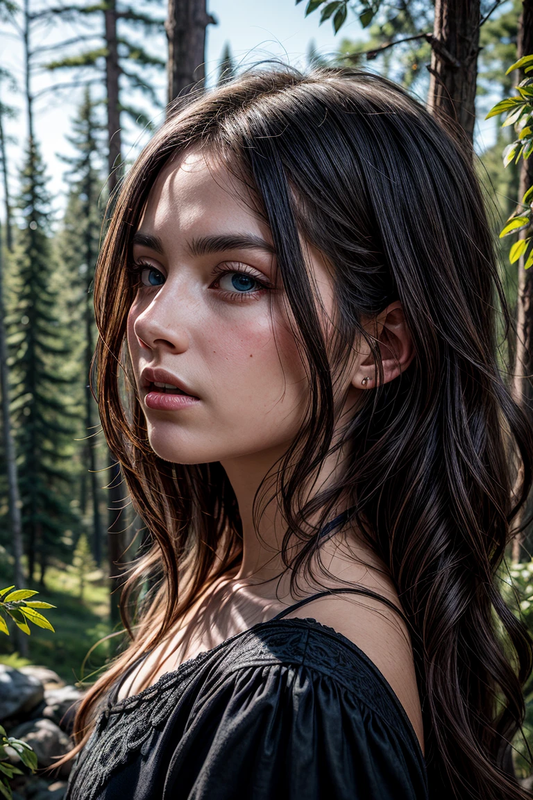 <lora:detailer:1> ,portrait of beautiful women, looking over spruce forest, moody portrait, striking features, beauty, intricate details, dramatic composition, tension, wispy hair, blue eyes, contrast, texture, realism, high-quality rendering, stunning art, high quality, film grain, Fujifilm XT3, detailed skin, (acne,freckled:0.6)