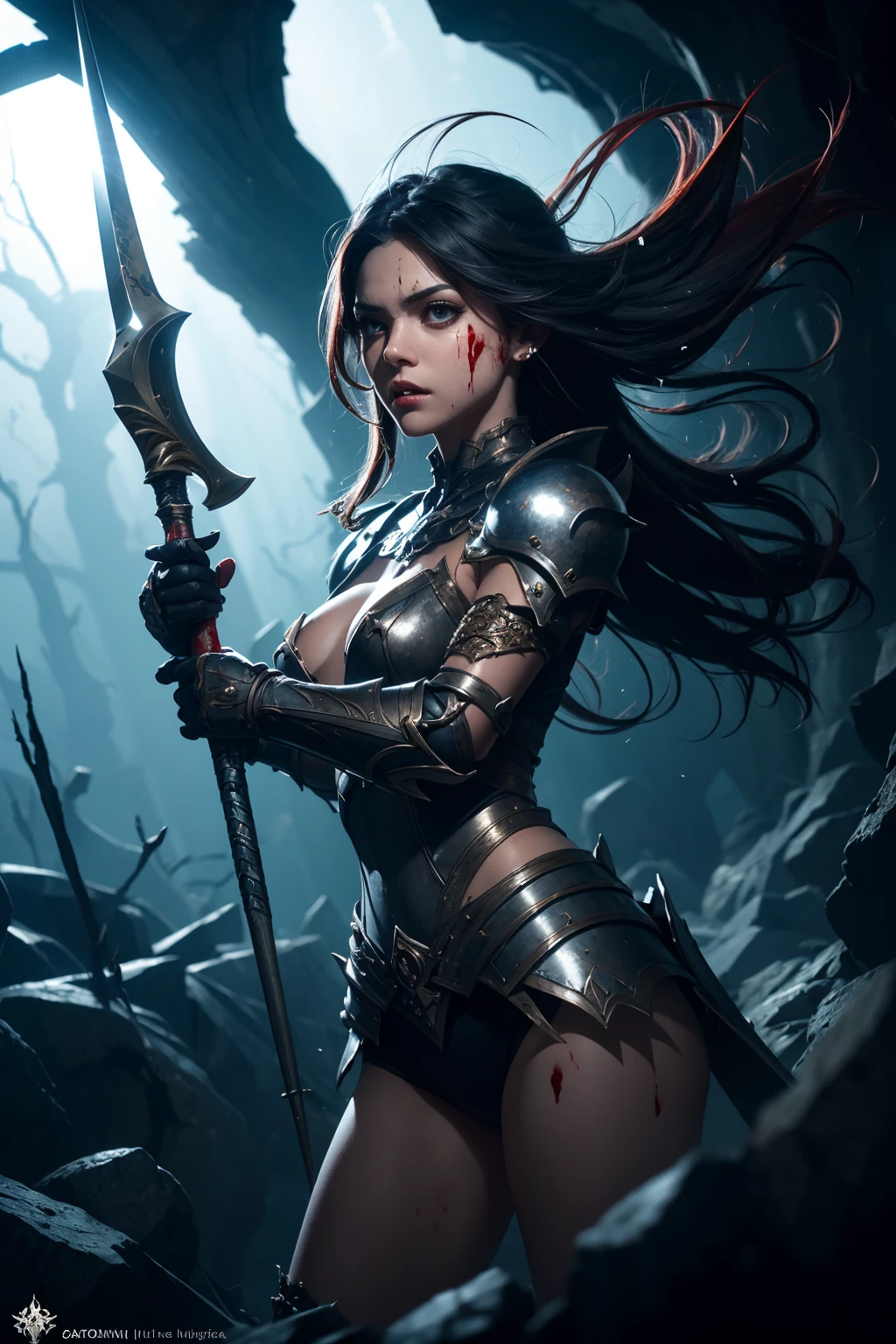 highest quality, masterpiece, 8k, realistic, ultra high resolution, very detailed, high resolution, cinematic lighting, medium distance, portraiture, perfect female body, half crouching, arms open ready to fight looking at the viewer, ((Dark Knight of Another World, pitch black armor, red glowing eyes, sharp blade, heavy greatsword, dark cloak, steel gloves, dark aura)), ((Assassin's Squad: 1.4)), cold gaze, black magic, evil emblem, battle scars, black horse, evil ritual, cursed shield, ancient magic book, wilderness of another world, overwhelm enemies, ruthless fighting skills, heart controlled by dark forces, endless battle, strategy in the dark, messenger of despair, dark pact, terrifying appearance, corrupt chivalry, pitch black steel, kingdom of another world, destruction.