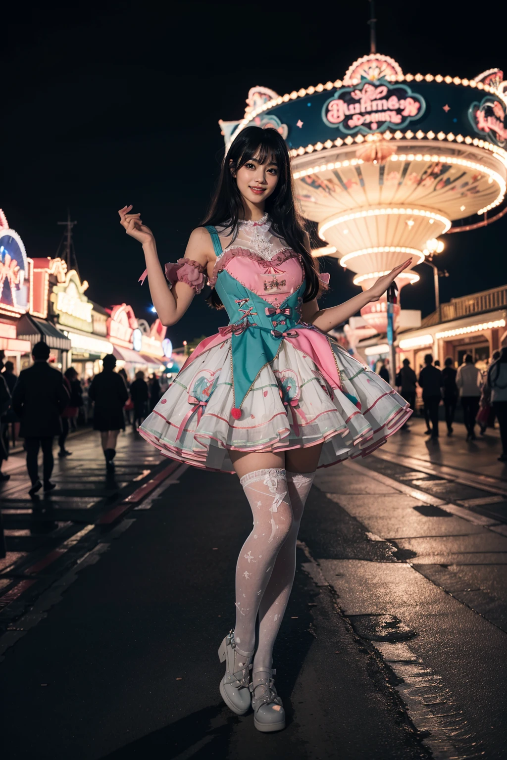 realistic, photorealistic, masterpiece, incredibly absurdres, extremely detailed, best quality, 1girl, long black hair, blunt bangs, light smile, slim, full body, standing, looking at viewer, sweet_dress, white thighhighs, amusement park, night, night sky, dramatic lighting, <lora:sweet_dress_style2_v1:0.7>
