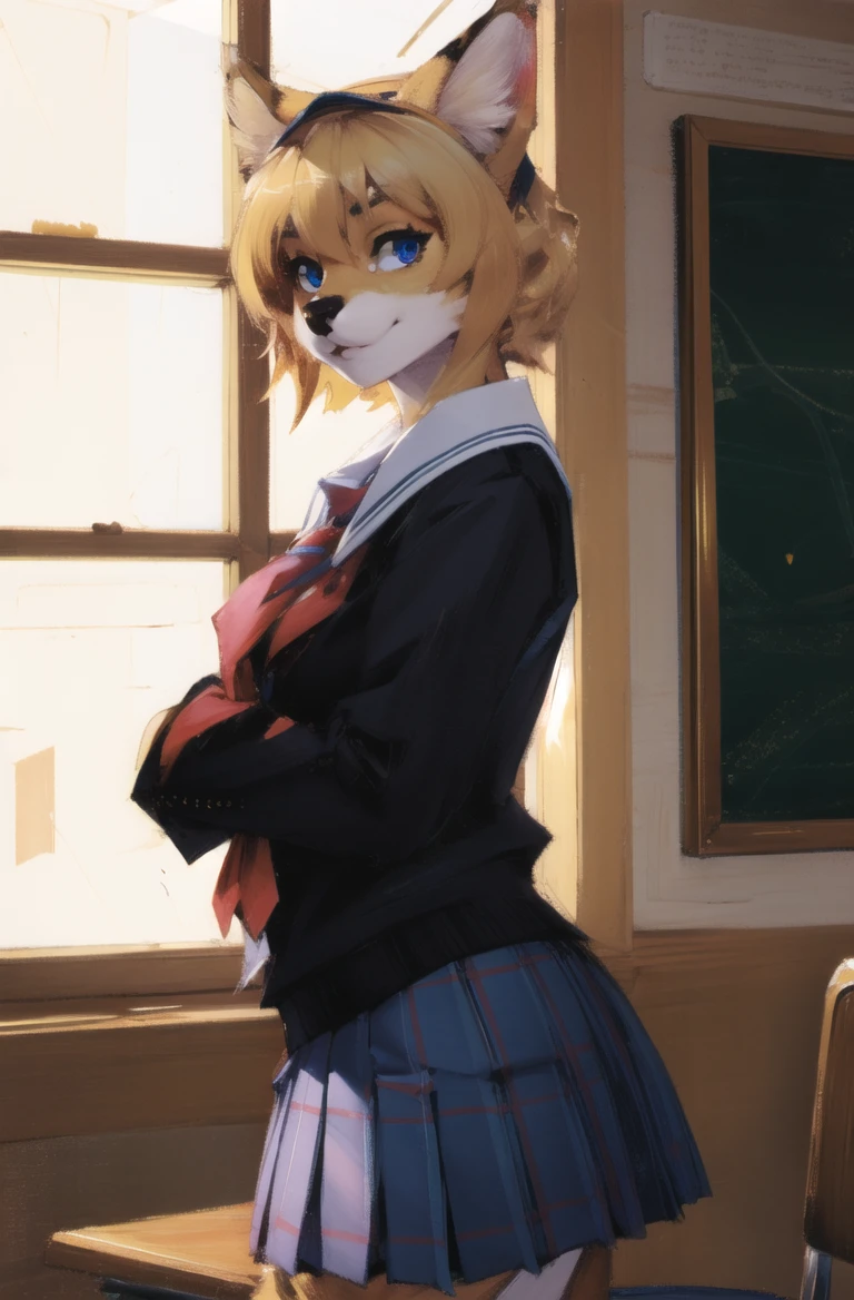 absurdres, highres, ultra detailed, masterpiece, cel shading,game CG,HDR,8k,
furry girl,servalcat,soumao,looking at viewer,solo,blonde,school uniform,
<lora:servalcat:0.7> <hypernet:furry_kemono:0.5>