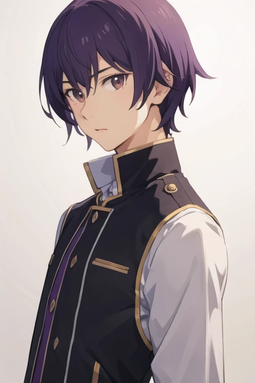 masterpiece, best quality, high quality, 1boy, solo, male focus, looking at viewer, upper body, <lora:shin_wolford:0.68>, shin_wolford, brown eyes, purple hair, realistic, gakuran