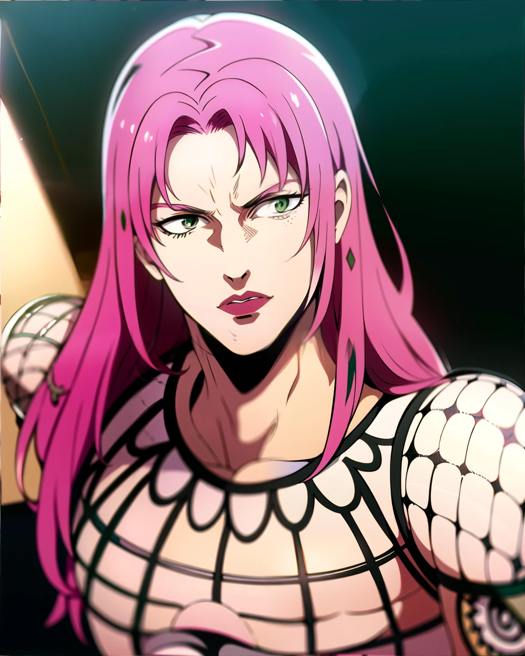 (8k, best quality, masterpiece:1.2), (finely detailed), diavolojojo, solo, 1boy, green eyes, pink hair, solo, fishnet top, tattoo, masterpiece, best quality, ultra-detailed detailed, detailed digital artwork, hi res, detailed background, photo background, <lora:diavolo-7:1>