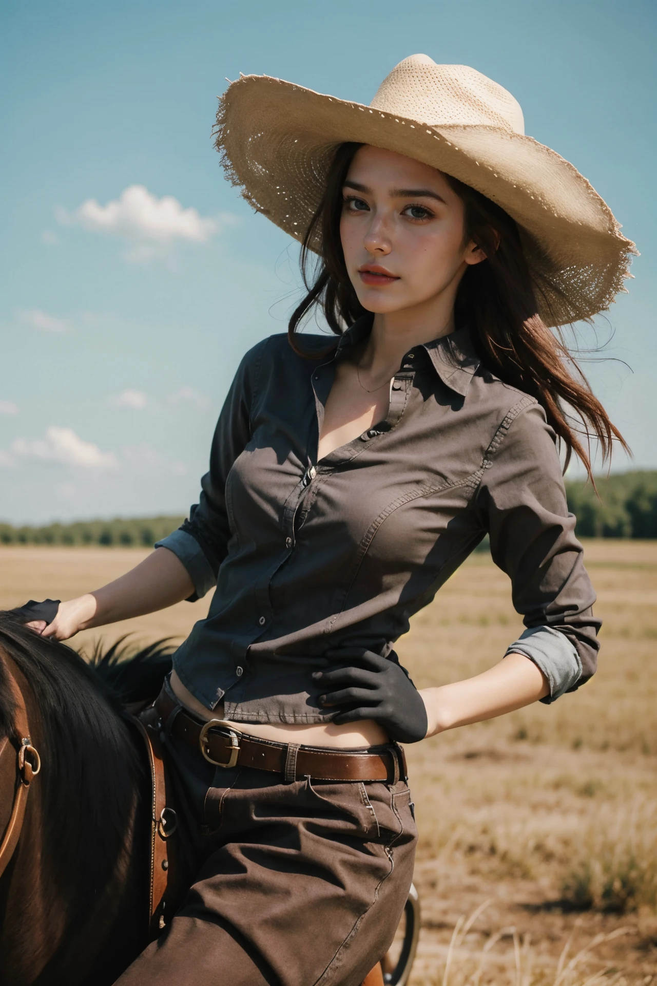 1girl,solo,She's a cowboy,cowboy hat,
prairie background, horse riding,
upper body,close up,
brown_hair,cowboy hat,
straight front face_view,
best quality, highres, absurdres, Photography, sharp focus,