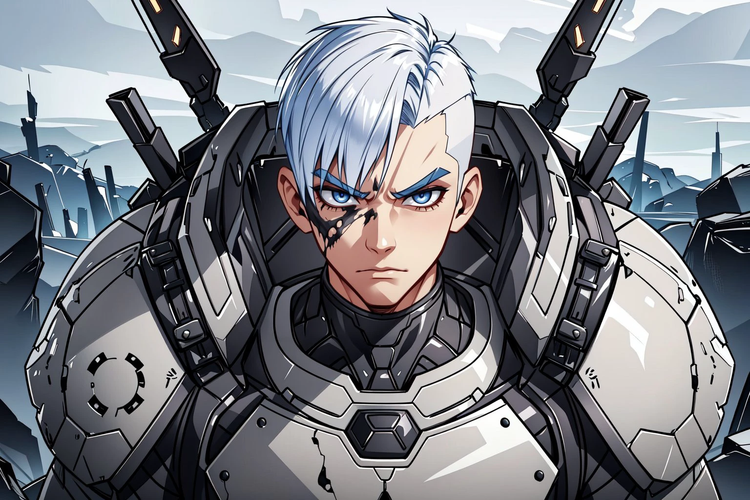 portrait, solo, upper body, looking at viewer, detailed background, detailed face, 1boy, Transgenic warrior, genetically enhanced soldier, upper body, enhanced eyes, shaved hairstyle, chrome hair color, carved eyebrows, fortified exoskeleton, battle-ready expression, war-torn landscape,