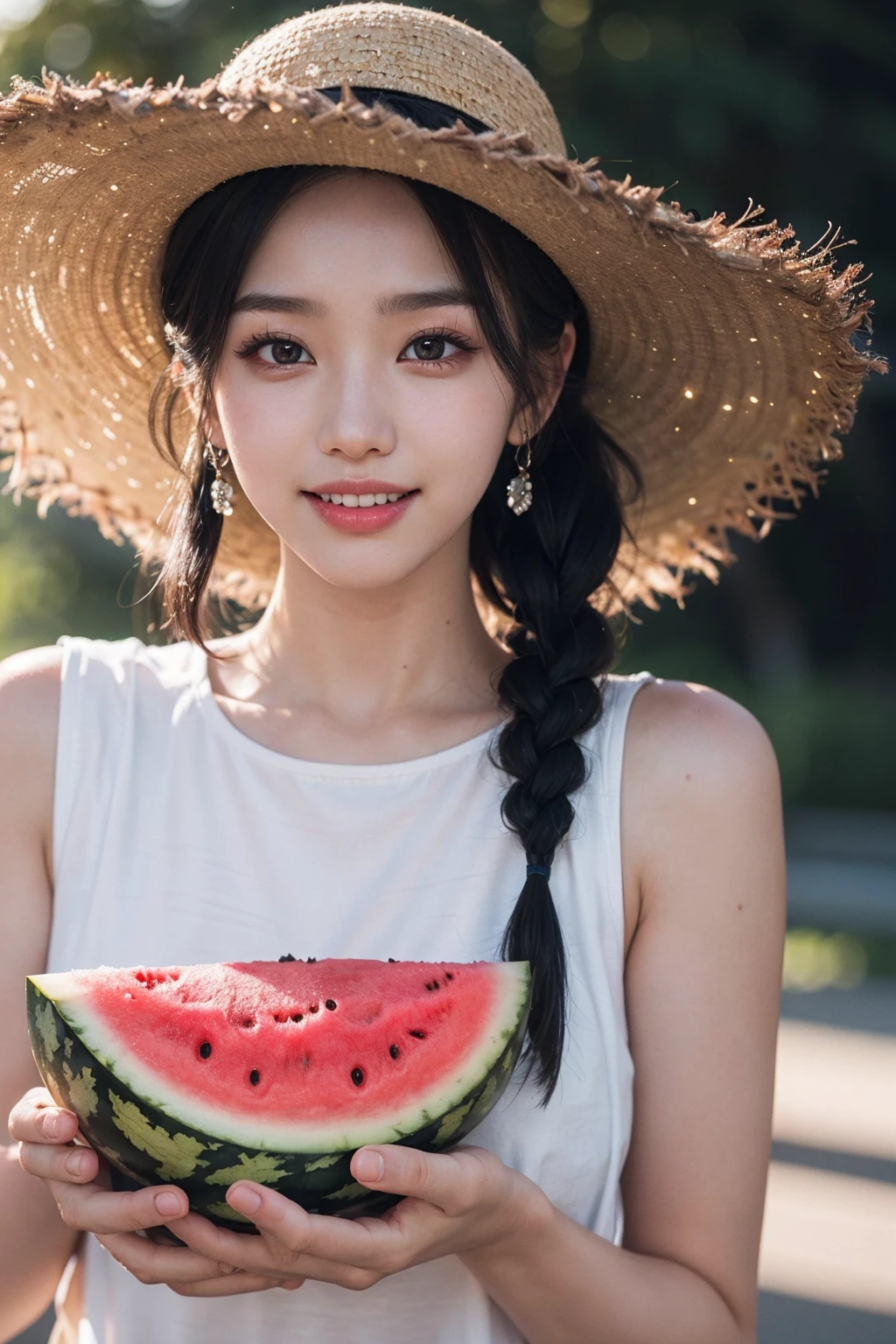 <lora:FaceSizeAdjuster:0>,1girl,(face focus:1.3),(happy,smile,teeth:1.2),
1girl, (watermelon:1.2), solo, hat, fruit, straw hat, food, striped, braid, holding, twin braids, looking at viewer, overalls, holding food, blurry background, black hair, striped shirt, blurry, holding fruit, upper body, shirt, black eyes, tank top, bangs, twintails, long hair, teeth, realistic, sun hat
black hair,pink_background,sweet atmosphere,love,
(PureErosFace_V1:0.8),(ulzzang-6500:0.3),(red lipstick:0.8),(detailed pupils:1.3),(aegyo sal:1),((puffy eyes)),
(film_grain:1.4),RAW,highres,(1 girl,solo:1.6),(detailed face:1.2),(gorgeous beautiful cute Korean woman:1.3),(kpop idol, korean beauty, korean mixed),(small head),((perfect eyes)),((perfect face)),(details:1.4),(high detailed skin:1.2),
(extremely detailed CG unity 8k wallpaper),photo of the most beautiful artwork in the world,trending on ArtStation,trending on CGSociety,Intricate,High Detail,Sharp focus,dramatic,
volumetric lighting,rim lighting,two tone lighting,cinematiclighting,rim lighting,light particles,sunlight,