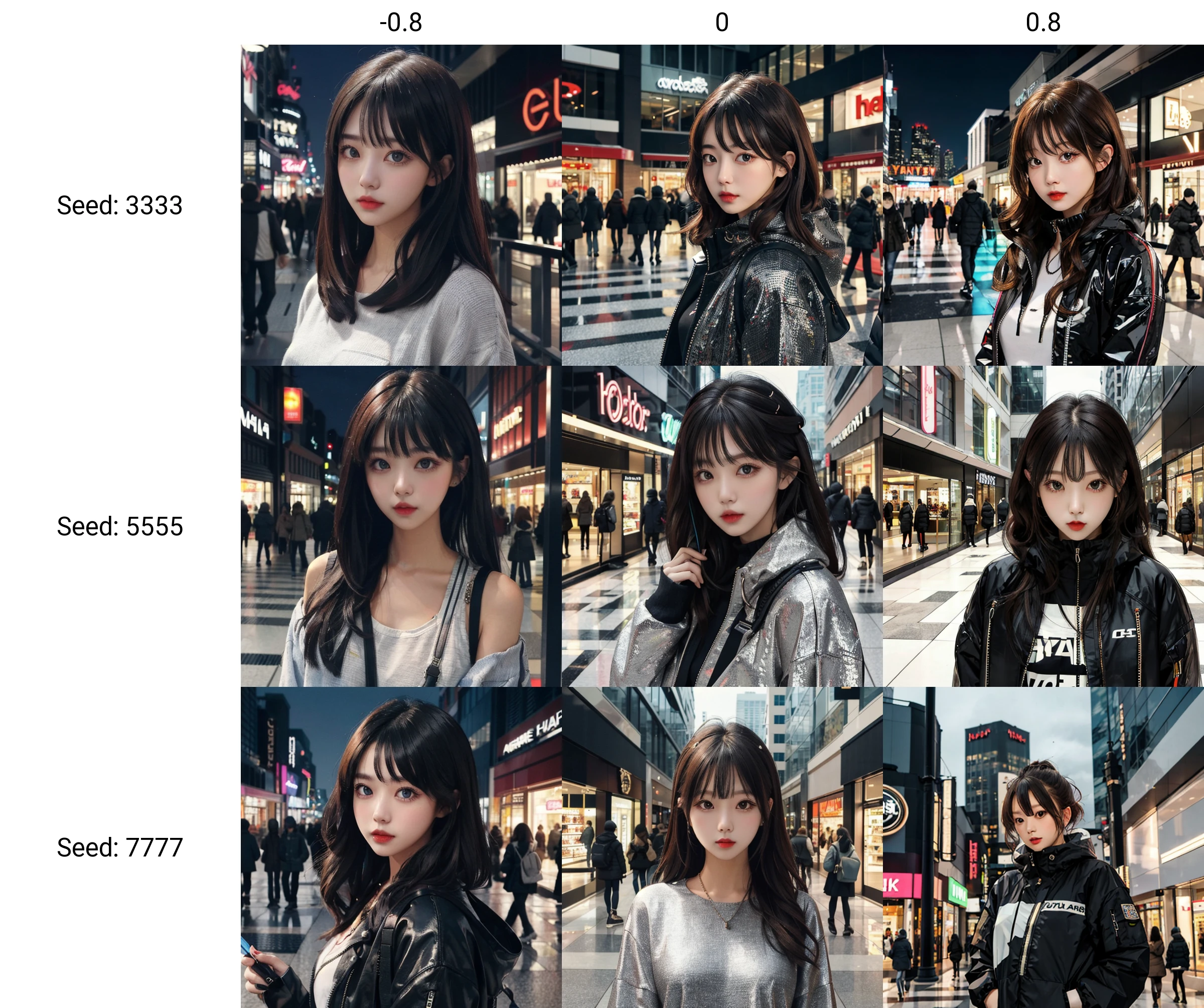 1girl, outdoors, cityscape, mall, neon trim, upper body, looking at viewer, <lora:depth:-0.8>