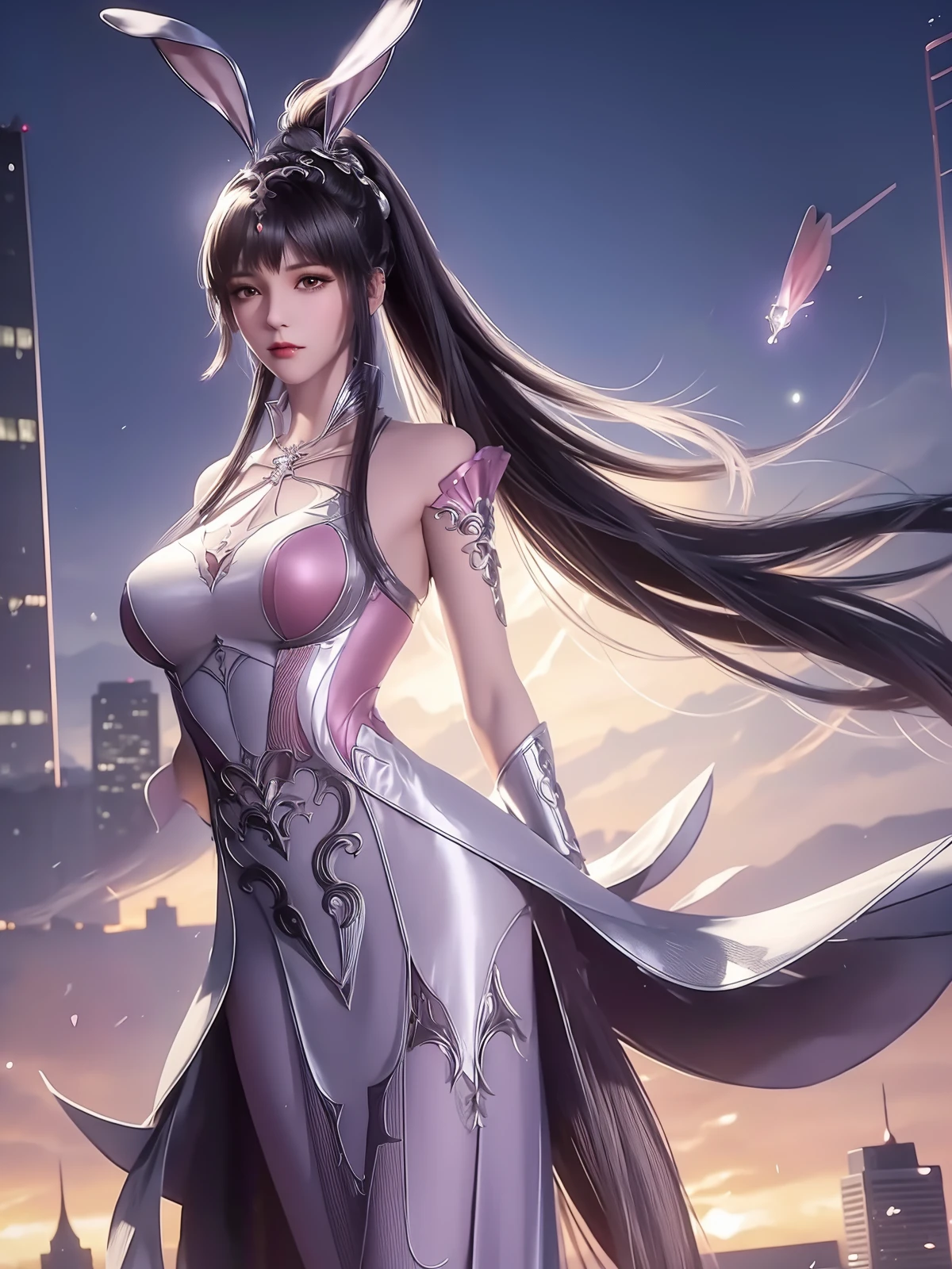 1girl,rabbit ears,long dress,long hair, hair ornament, ponytail, collar,metal collar,shiny,cityscape, night, looking at viewer, mature female,pantyhose,arms behind back,cowboy shot, <lora:XWdldl_20230723020005-000018:0.75>