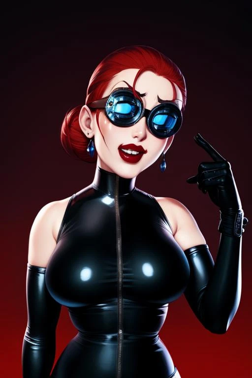 Ghastly,red hair ,gloves ,large goggles ,blue eyes,  hair bun,  red lips, standing,   evil grin,  upper body, 
Major, black elbow gloves, red bodysuit, black thigh boots, latex, 
evil lab, science fiction, 
(insanely detailed, beautiful detailed face, masterpiece, beautiful detailed eyes, best quality), <lora:MajorDrGhastly:0.8>