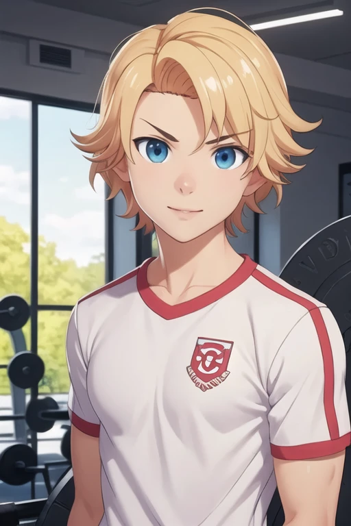 masterpiece, best quality, high quality, 1boy, solo, male focus, looking at viewer, upper body, <lora:august_von_earlshide:0.60>, august_von_earlshide, blonde hair, blue eyes, realistic, gym uniform