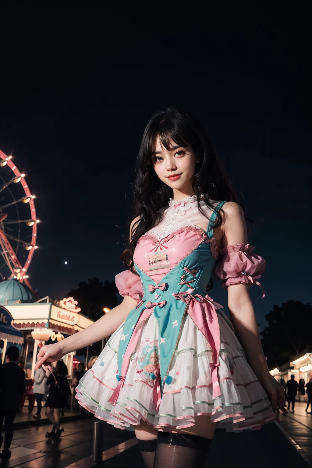 realistic, photorealistic, masterpiece, incredibly absurdres, extremely detailed, best quality, 1girl, long black hair, blunt bangs, light smile, slim, waist up, standing, looking at viewer, sweet_dress, white thighhighs, amusement park, night, night sky, dramatic lighting, <lora:sweet_dress_style2_v1:0.7>