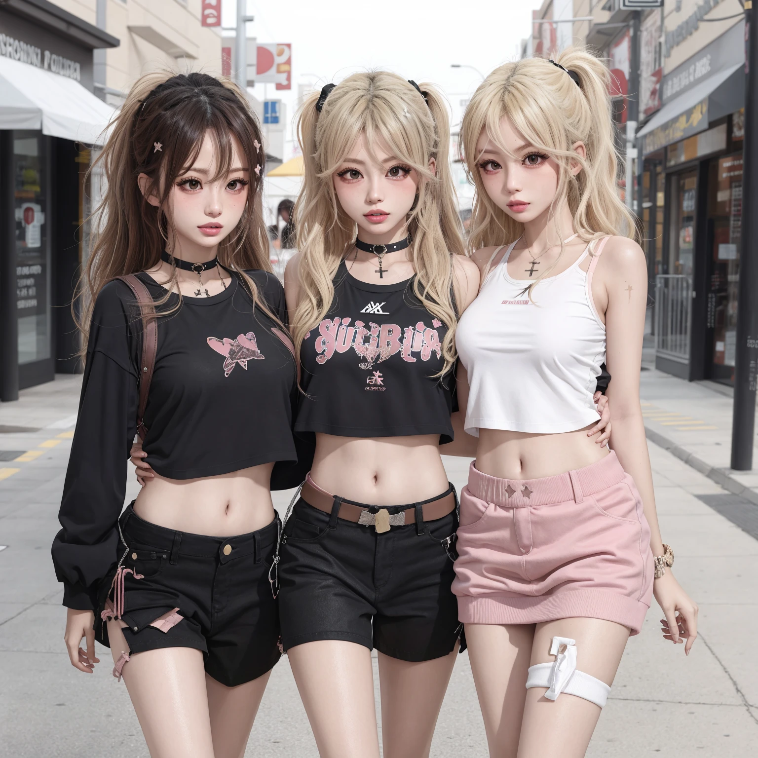 3girls walking, midriff. jirai kei, gyaru. <lora:TBCrazyGirlDesign_v230721b:0.8>