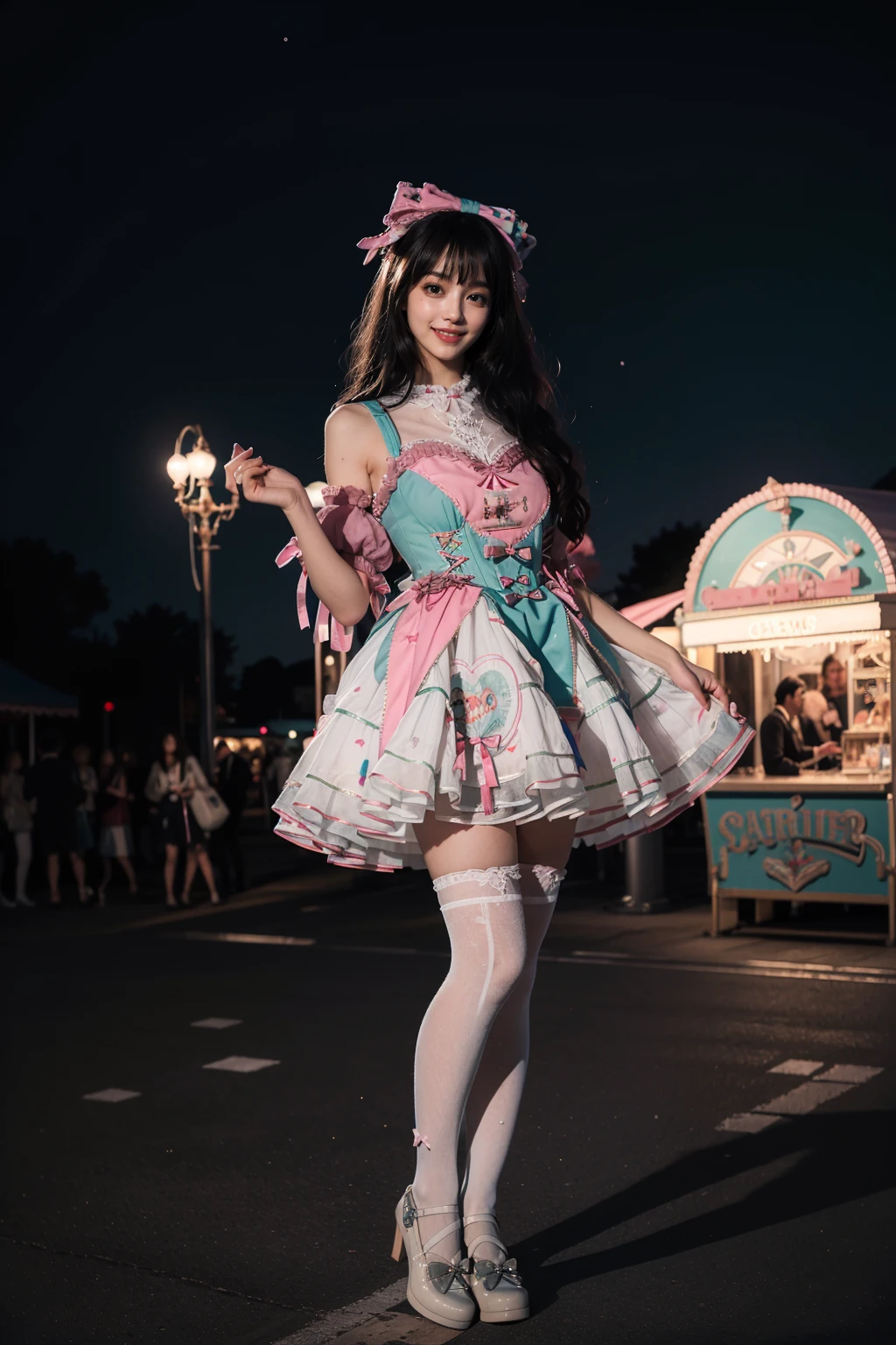 realistic, photorealistic, masterpiece, incredibly absurdres, extremely detailed, best quality, 1girl, long black hair, blunt bangs, light smile, slim, full body, standing, looking at viewer, sweet_dress, white thighhighs, amusement park, night, night sky, dramatic lighting, <lora:sweet_dress_style2_v1:0.7>