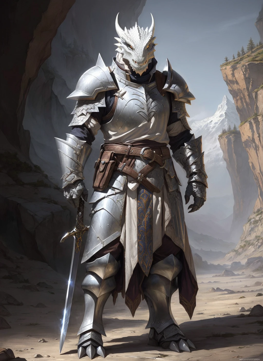 white dragonborn, solo, male, standing, full body, male focus, horns, belt, armor, helmet, shoulder armor, gauntlets, facing viewer, claws, sword on side, pauldrons, vambraces, greaves, full armor
, ((masterpiece, best quality)), art by greg rutkowski  <lora:dragonborn_offset:1>