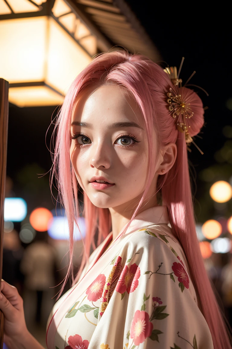 (incredibly absurdres, ultra-detailed,8k wallpaper),(masterpiece),(realistic),(photorealistic:1.2),(raw photo:1.2), (best quality:1.2), (detailed face :1.4),(beautiful detailed eyes :1.2),(detailed hair), pink hair, 18 years old girl, flirting on camera, in traditional japanese kimono, night, kyoto, fireworks,(beautiful,cute:1.4)
