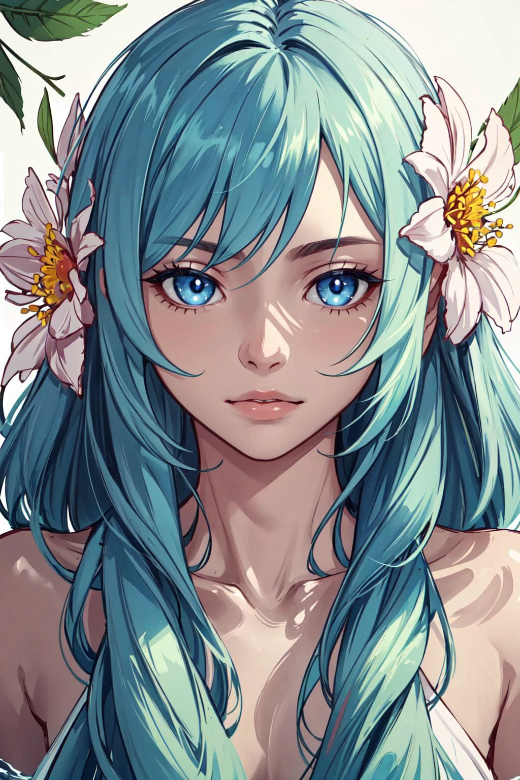 portrait, solo, upper body, looking at viewer, detailed background, detailed face, 1boy, Nymph, ethereal nature spirits, soothing blue eyes, hair that flows like leaves or water, adorned with flowers and natural elements, serene expression, caretakers of the natural world feeling of the image.   <lora:sd-No.410cover:0.2>