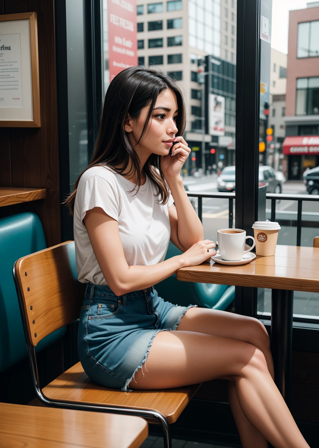 Candid shot of a beautiful woman sitting in a busy coffee shop in the big city.