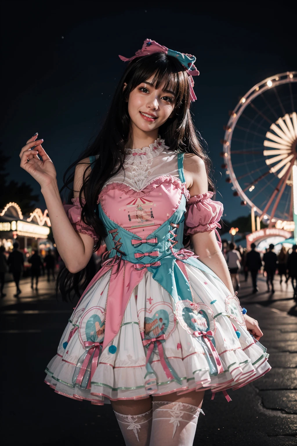 realistic, photorealistic, masterpiece, incredibly absurdres, extremely detailed, best quality, 1girl, long black hair, blunt bangs, light smile, slim, waist up, standing, looking at viewer, sweet_dress, white thighhighs, amusement park, night, night sky, dramatic lighting, <lora:sweet_dress_style2_v1:0.7>