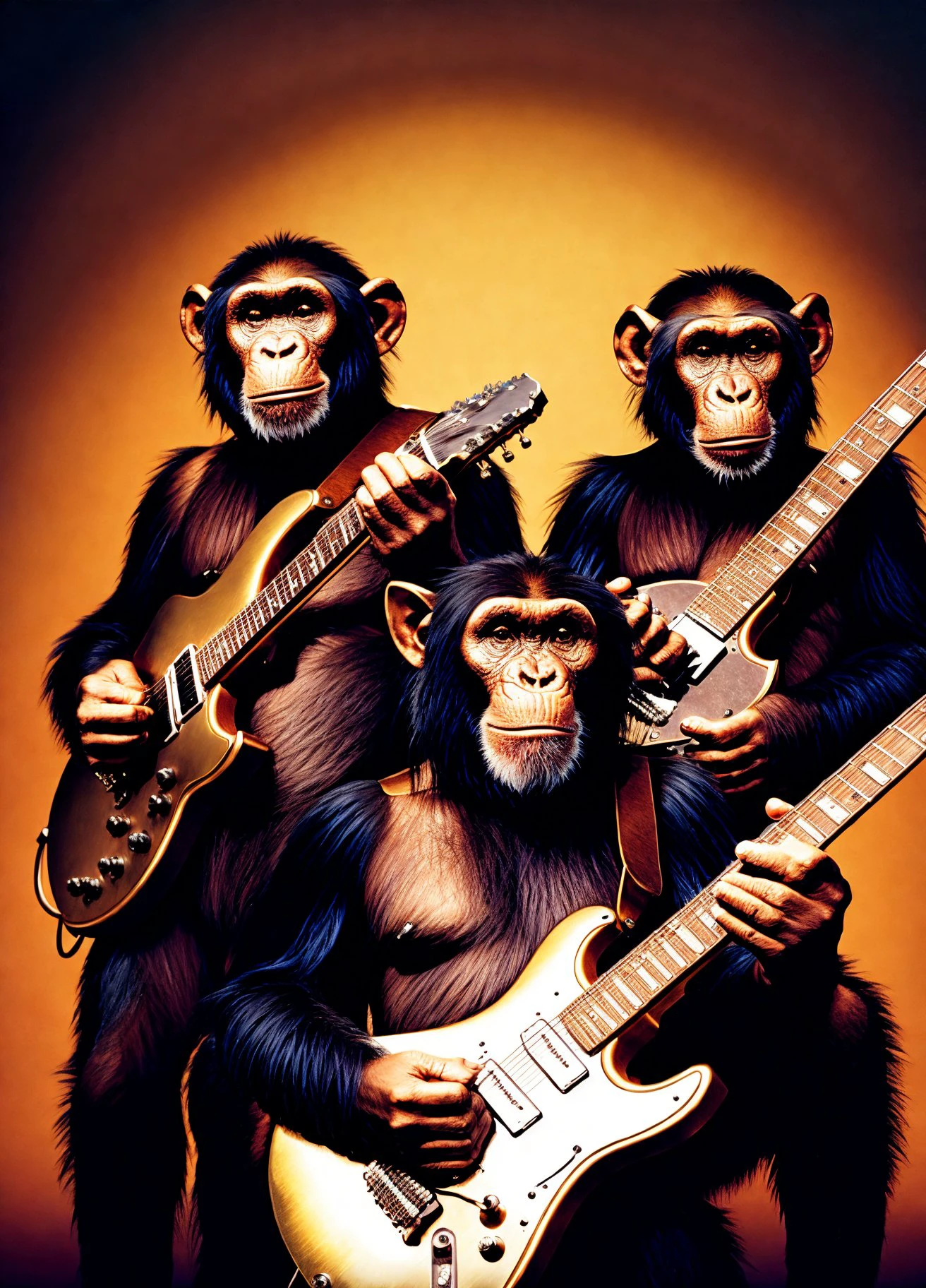(metal_album_cover:1.2), three chimps wearing lawyer outfit, playing electric guitar, cinestil, illustration, masterpiece