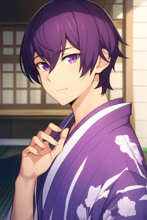 masterpiece, best quality, high quality, 1boy, solo, male focus, looking at viewer, upper body, <lora:shin_wolford:0.60>, shin_wolford, purple eyes, purple hair, realistic, yukata
