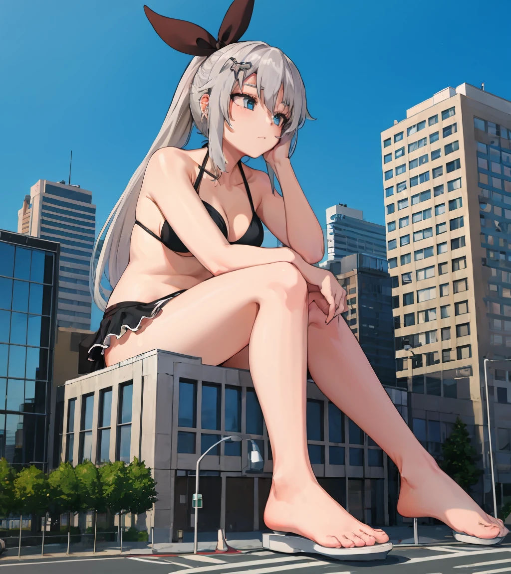 <lora:9a91:0.8>,<lora:GTS:1>,1girl,ponytail,hair ribbon,bikini,frills,gts,city,buildingseat,(ground view:1.2)