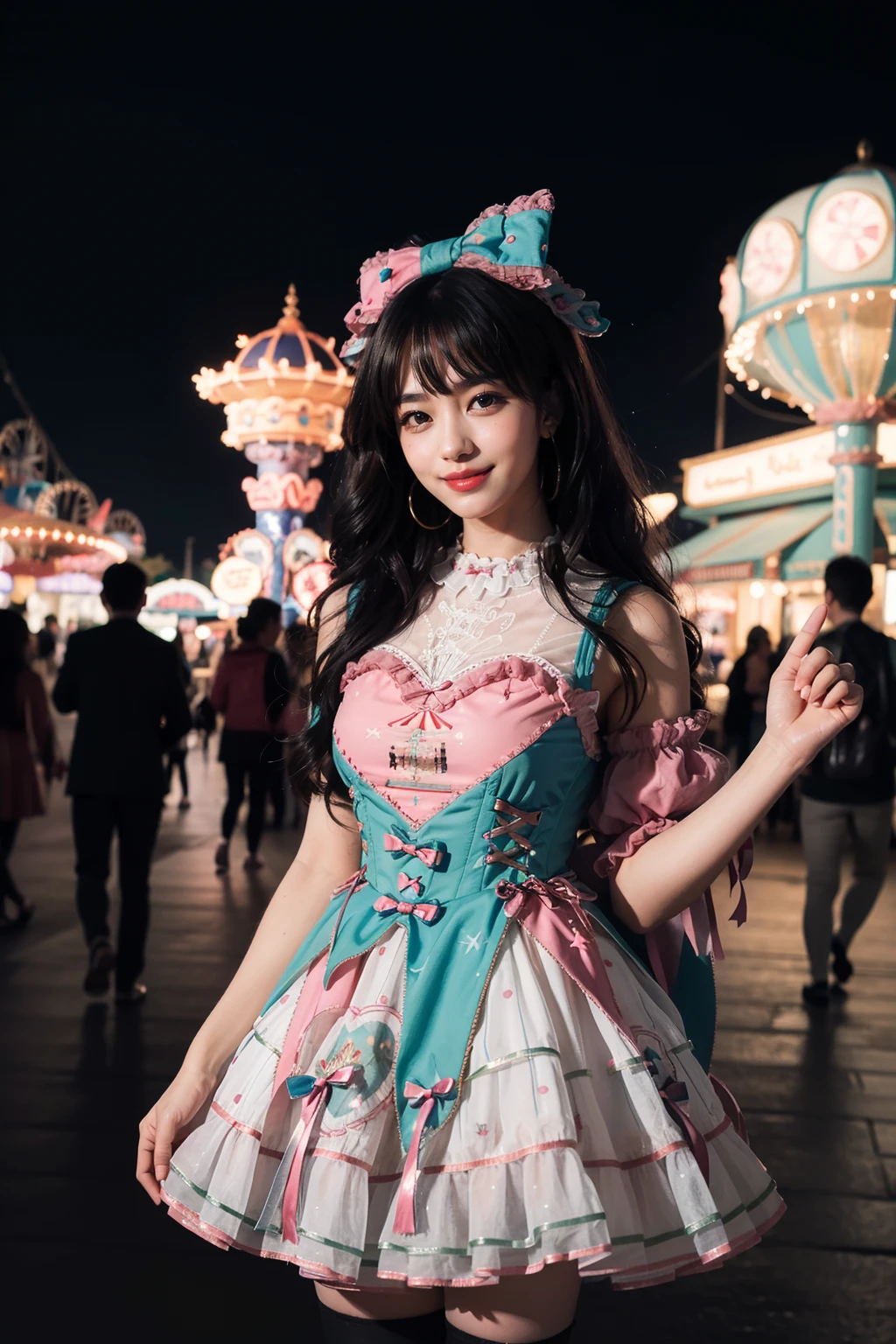 realistic, photorealistic, masterpiece, incredibly absurdres, extremely detailed, best quality, 1girl, long black hair, blunt bangs, light smile, slim, waist up, standing, looking at viewer, sweet_dress, white thighhighs, amusement park, night, night sky, dramatic lighting, <lora:sweet_dress_style2_v1:0.7>