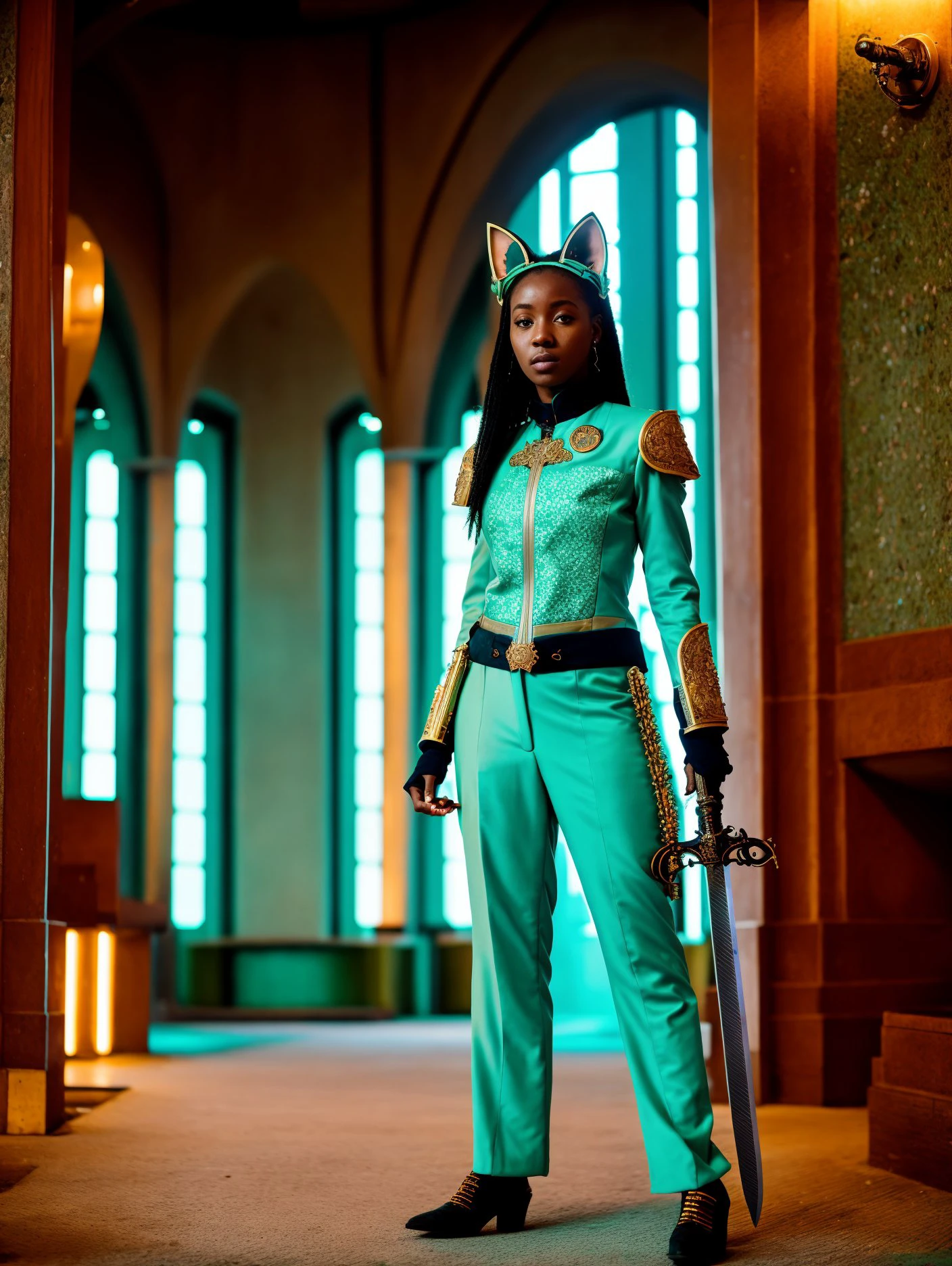cyberpunk, full body, epic photograph, Nikon Z9, Fish-eye Lens, Mint green color grading, Familiar Tanzanian young_woman_fox ears, Sword bearer, wearing suit designed by Dolce & Gabbana, Sony A7, Ektachrome