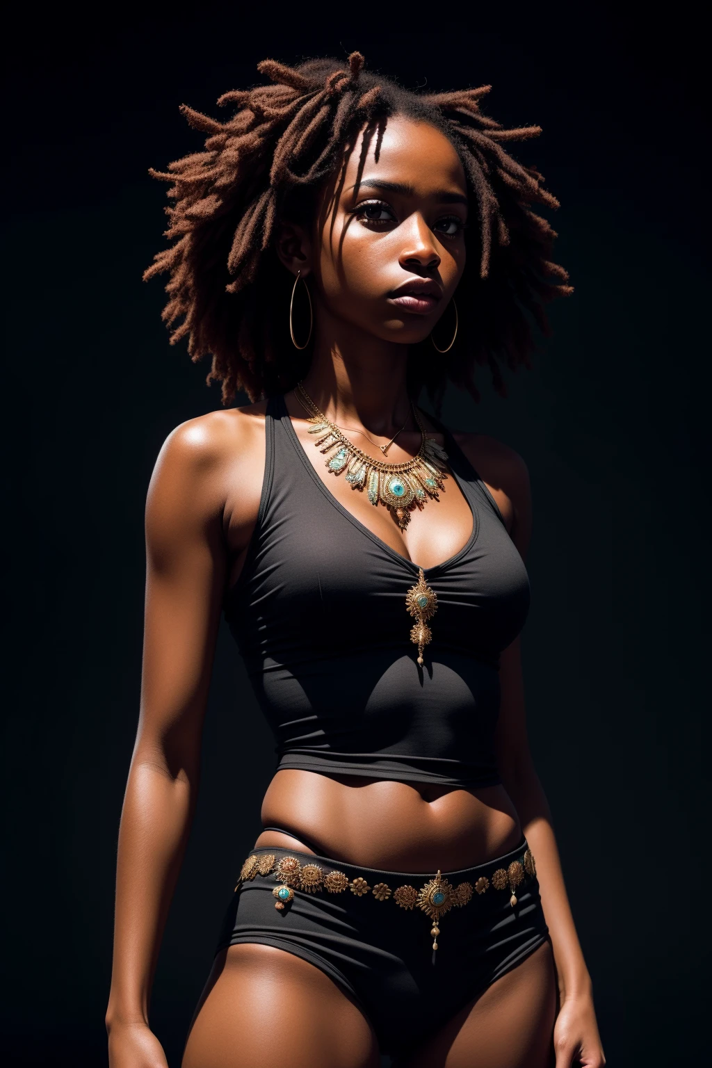 masterpiece, best quality, ultra high res, 1 dark skinned African girl, (fractal art:1.3), deep shadow, dark theme, fully clothed, necklace, forlorn, cowboy shot<lora:add_detail:1>