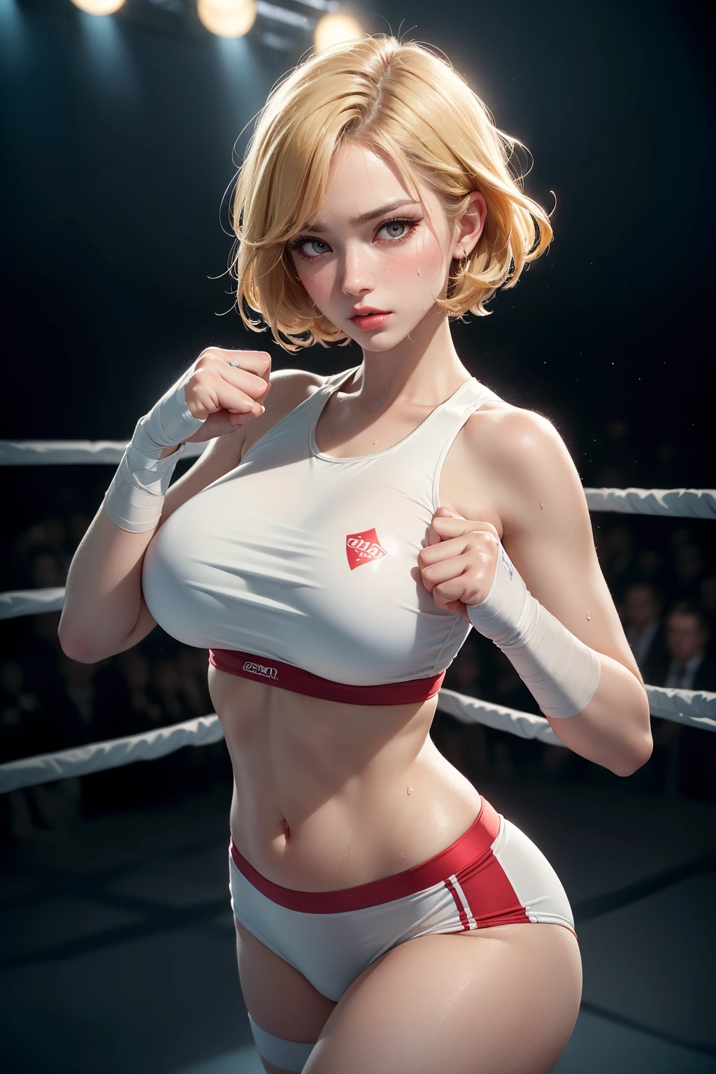 (masterpiece, best quality:1.4), (beautiful, aesthetic, perfect, finely, delicate, intricate:1.2), (cute, adorable), (depth of field:1.2), (realistic:1.3), cinematic shot, dramatic lighting, (1girl, solo), perfect female form, (perfect face, detailed face, full lips, glossy lips, blush, eyeliner, expressive eyes), (short blonde hair, side shaved hair), (huge natural breasts, narrow waists), angry expression, sweat, sweaty, sweat drop, glossy skin, shiny skin, (fighting woman), (fight ring:1.4), red sports bra, (bandaged hands), (fight pose), (stage, public, crowd), (cowboy shot, from bellow), looking at viewer,