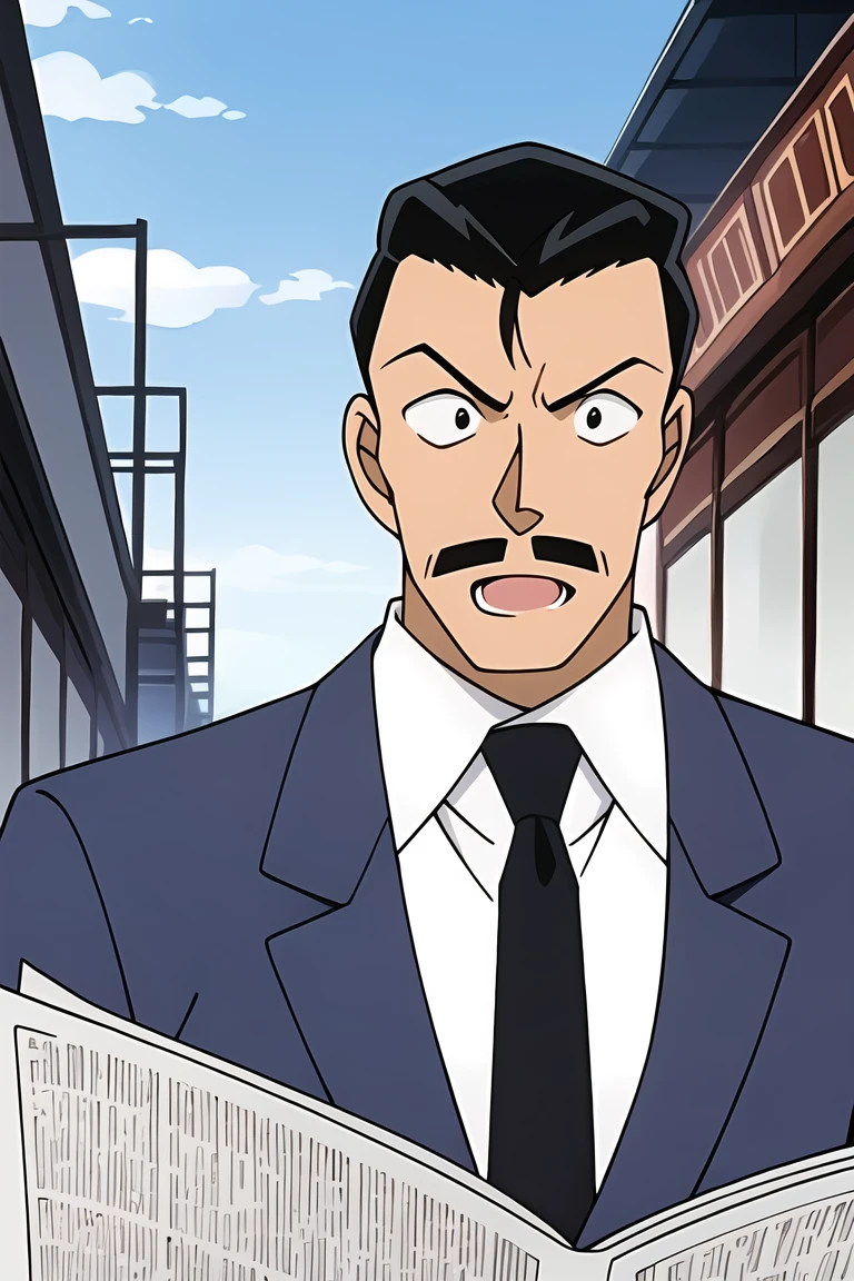 ((masterpiece)),((best quality)),ultra-detailed,illustratio,wallpaper,ultra highres,4K,photography,1boy, mustache, male focus,solo, black hair, parody, formal, suit, open mouth, style parody, necktie, upper body, black eyes,official style,anime screencap,meitantei conan,amusement park,<lora:Mouri Kogorou2:0.7>,