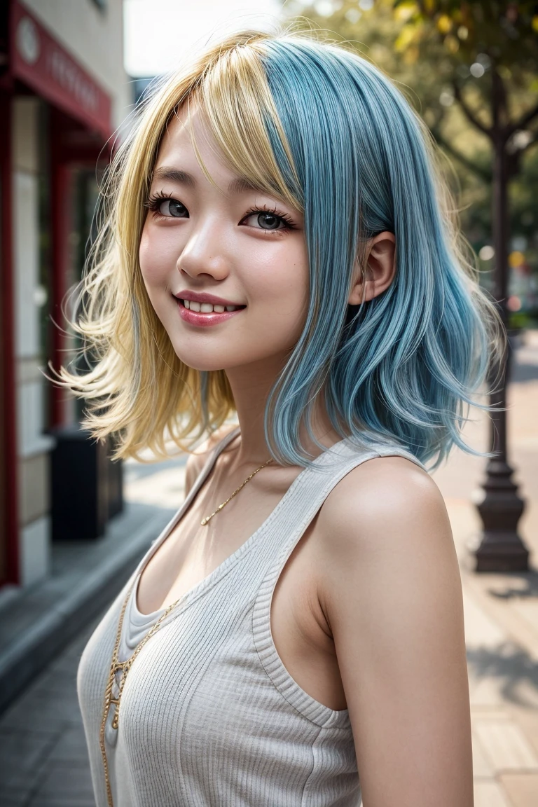 studio light, depth of field, upper body, slender, cute face, smile, beautiful details eyes, 19yo japanese, Voluminous curls, pretty, Plaza, casual ADDCOMM
<lora:detailer:1> ADDBASE
(warm blonde hair:1.4) ADDCOL
(light blue hair:1.4)