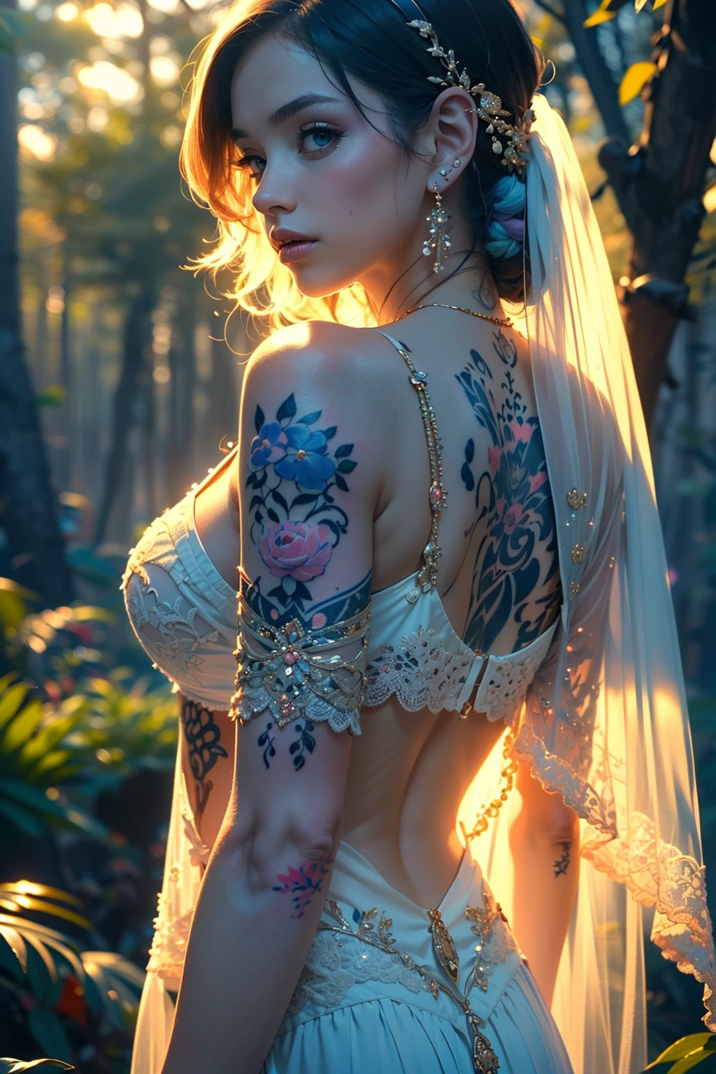 (1girl:1.2, body covered in words, words on body:1.1, tattoos of (words) on body:1.2), (masterpiece:1.4, best quality), medium breasts, (intricate details), unity 8k wallpaper, ultra detailed, (pastel colors:1.3), beautiful and aesthetic, see-through (clothes), detailed, solo <lora:epi_noiseoffset2:1.3> in a forest, <lora:jellyfish-noise:1>
