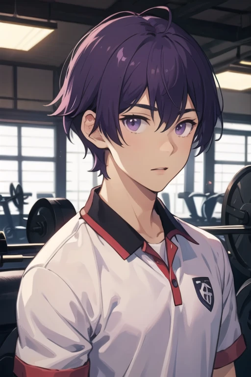 masterpiece, best quality, high quality, 1boy, solo, male focus, looking at viewer, upper body, <lora:shin_wolford:0.58>, shin_wolford, purple eyes, purple hair, , gym uniform