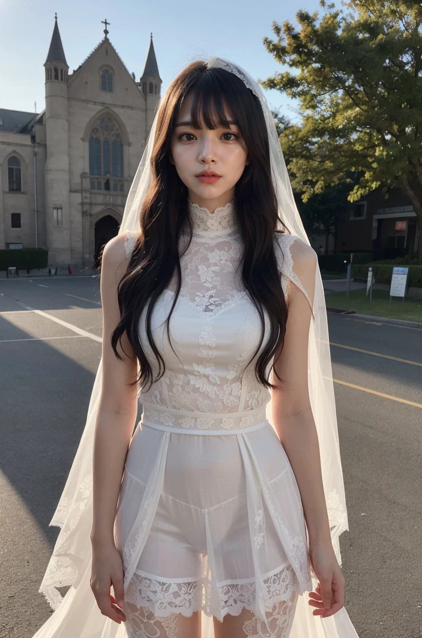 (best quality), (realistic, photo-realistic:1.3), masterpiece:1.2, extremely detailed, CG, unity, 8k, amazing, finely detail, ultra-detailed, highres, absurdres, ((Cinematic light)), (((long hair, curly, bangs))), beautiful detailed girl, detailed fingers, best shadow, extremely detailed eyes, beautiful detailed nose, beautiful detailed face, beautiful delicate glossy lips:0.9, beautiful delicate glossy body:0.9, (closed mouth:1.2), 1girl, ((thigh:1.5)), cute, solo, blushing, ((innocent face)), (semi smile:1.2), young, sexy body, ((oily body skin:0.6)), (((very clear weather, dazzling sun))), ((mermaid sexy wedding dresses)), ((layer lace veil:1.3)), (windblow:1.4), (in front of the cathedral), (medium breasts), realistic face, realistic body, Film Grain:0.3, Ray tracing:0.6, Dynamic Range:0.3, median:0.4