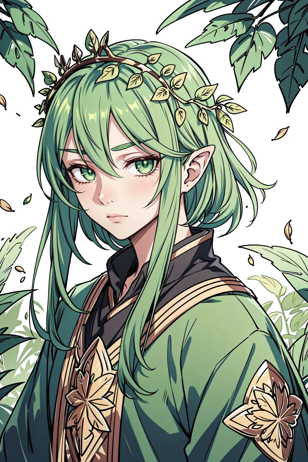 portrait, solo, upper body, looking at viewer, detailed background, detailed face, 1boy, nymph, ethereal, nature-inspired, almond-shaped face shape, emerald eye color, cascading green hair, leafy attire, floral crown, serene expression, mystical feeling of the image.